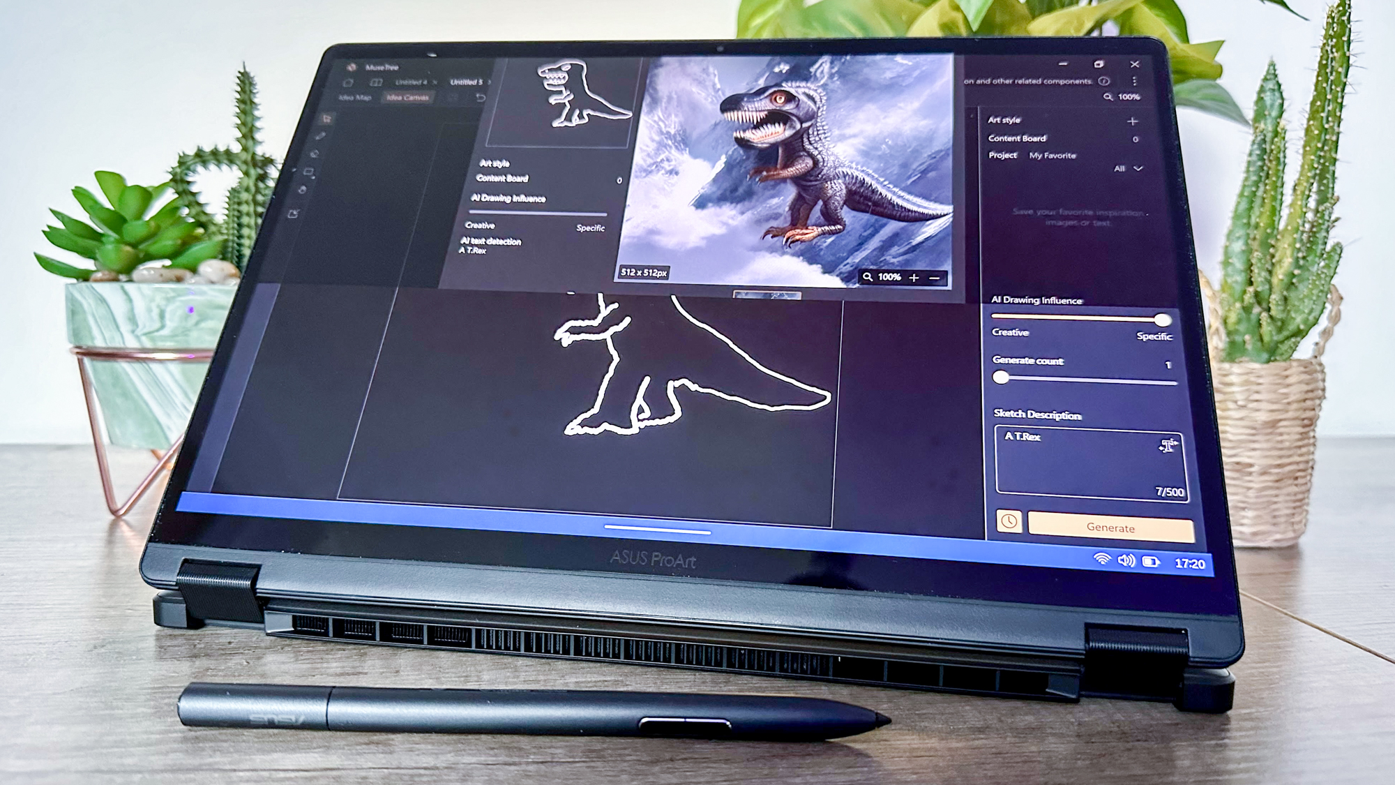 Asus ProArt PX13 on a table with MuseTree app open showing a dinosaur drawing