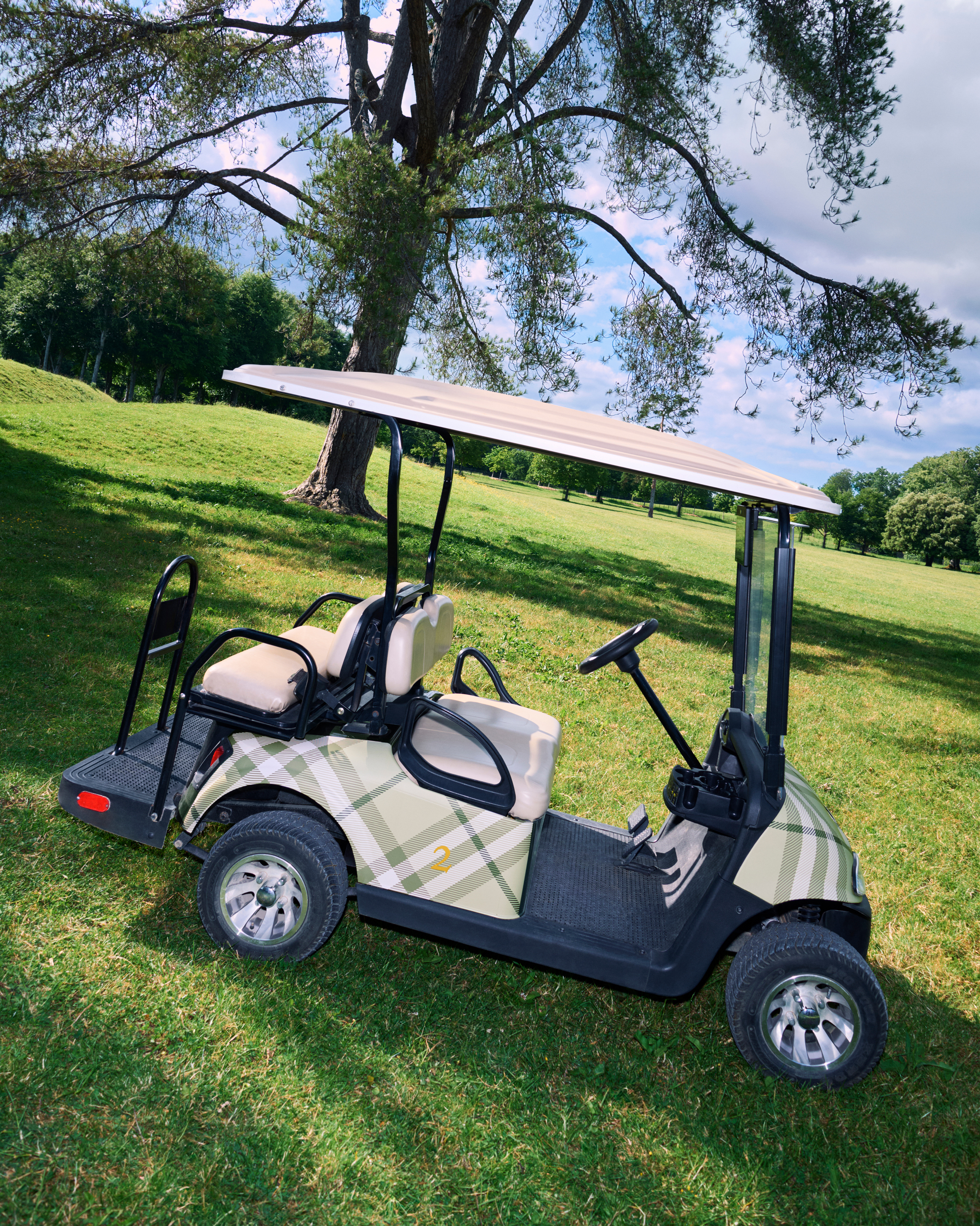 A golf cart wrapped in pale green Burberry plaid print on a green lawn