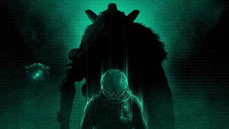 Key art for Cronos: Lazarus showing The Traveler with a distorted silhouette of The Warden behind them - lit with a green light 