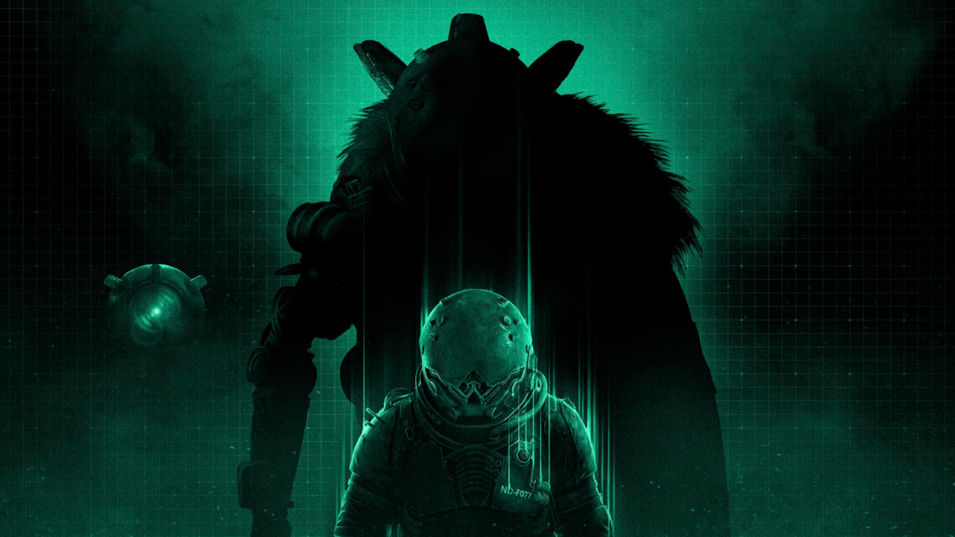 Key art for Cronos: Lazarus showing The Traveler with a distorted silhouette of The Warden behind them - lit with a green light 