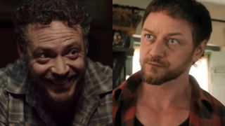 Fedja van Huêt smiling uncomfortably, with James McAvoy pictured next to him with a serious look of concern, in both versions of Speak No Evil.