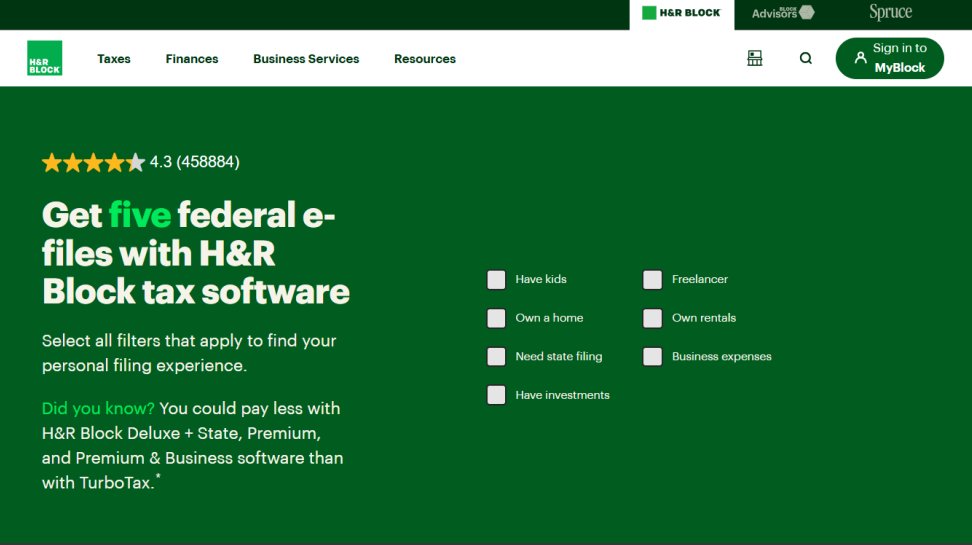 H&R Block website screenshot (May 2025)