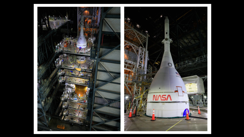 Teams retract two of 20 platforms around the Space Launch System rocket (left) and Orion spacecraft (close-up at right) for the Artemis 1 mission. Preparation is ongoing at the Vehicle Assembly Building at NASA&#039;s Kennedy Space Center in Florida. 