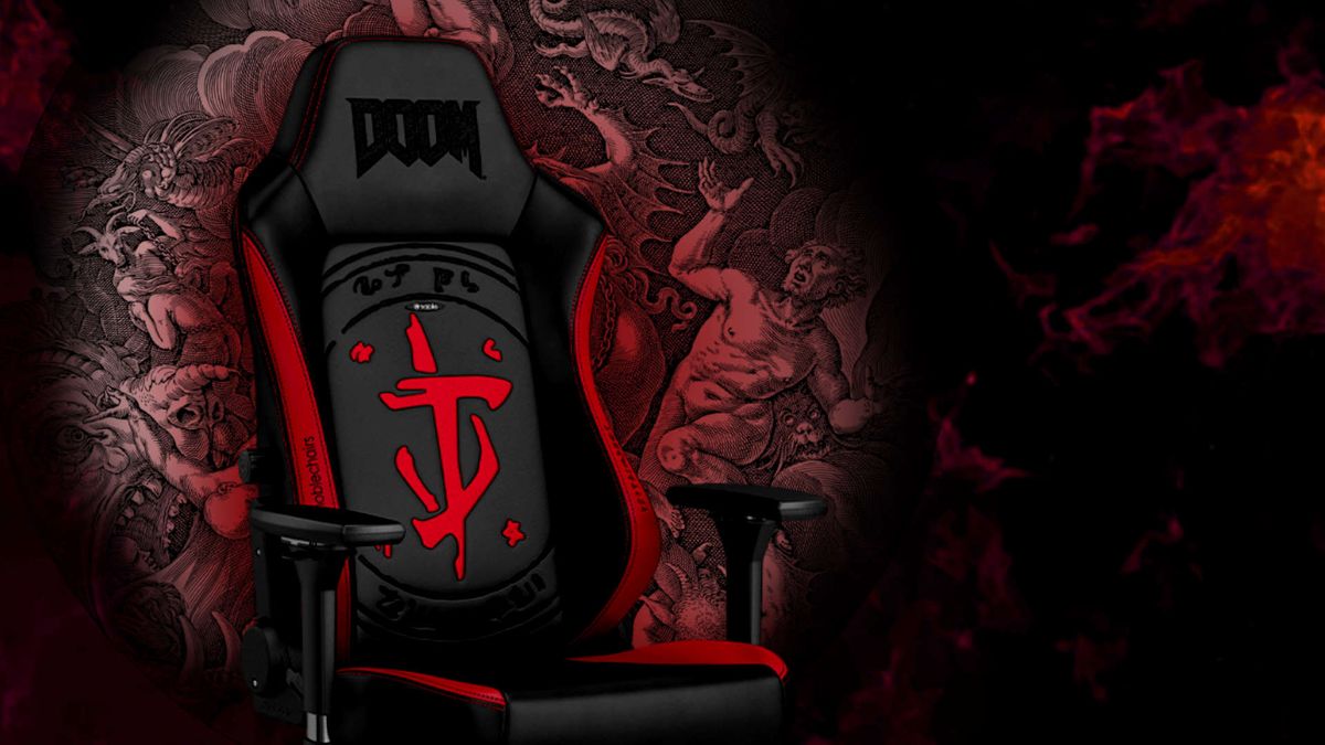 Noblechairs DOOM-inspired gaming chair on dark red background