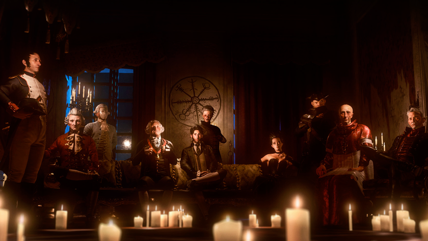 The main cover image for the game &#039;The Council&#039;, showing a room full of well-dressed people with enigmatic visages, glowering at the viewer.