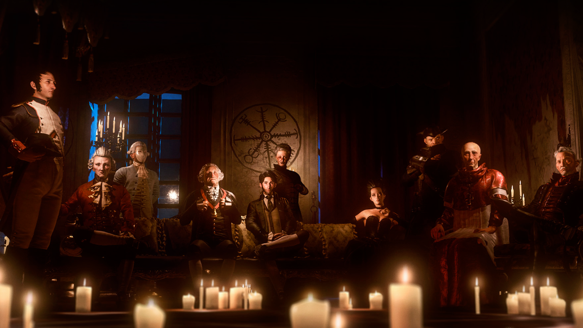 The main cover image for the game &#039;The Council&#039;, showing a room full of well-dressed people with enigmatic visages, glowering at the viewer.