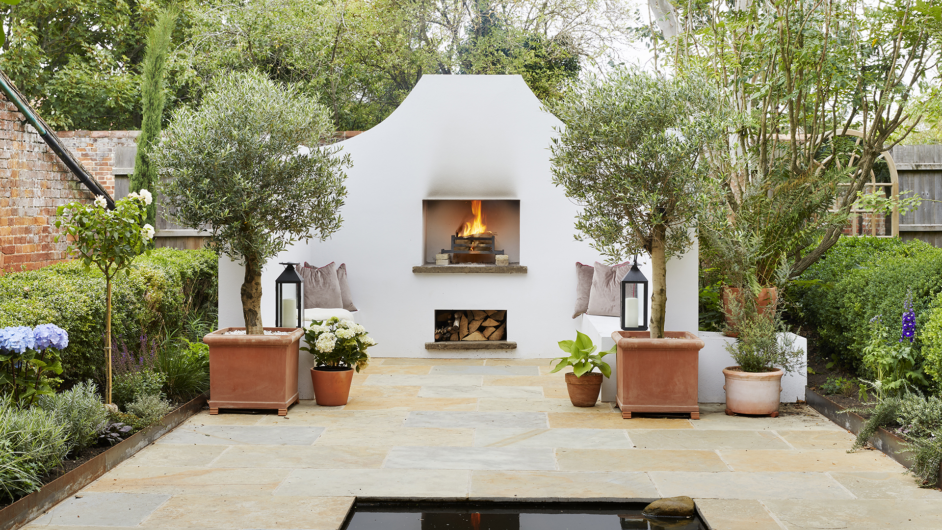 Olive trees in pots in mediterranean-style outdoor living area