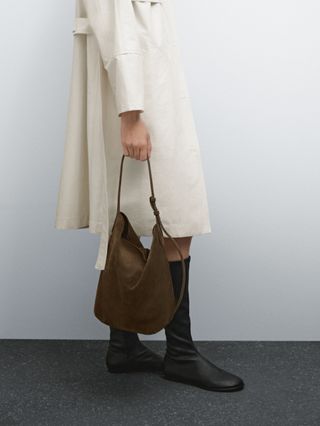 Split Suede Leather Bucket Bag