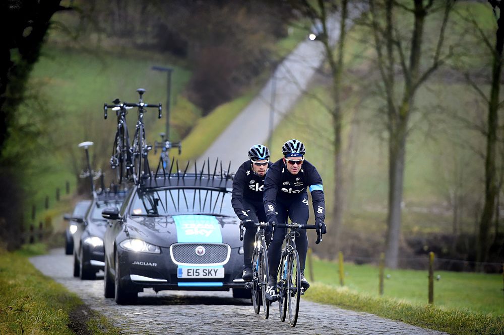Luke Rowe and defending Omloop Het Niewsblad champion Ian Stannard check out the route