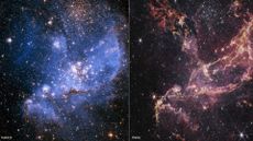 A side-by-side comparison of images of NGC 346 from JWST and Hubble