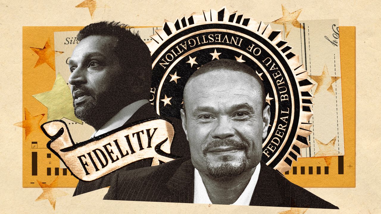 Photo collage of the FBI logo, Kash Patel, and Dan Bongino