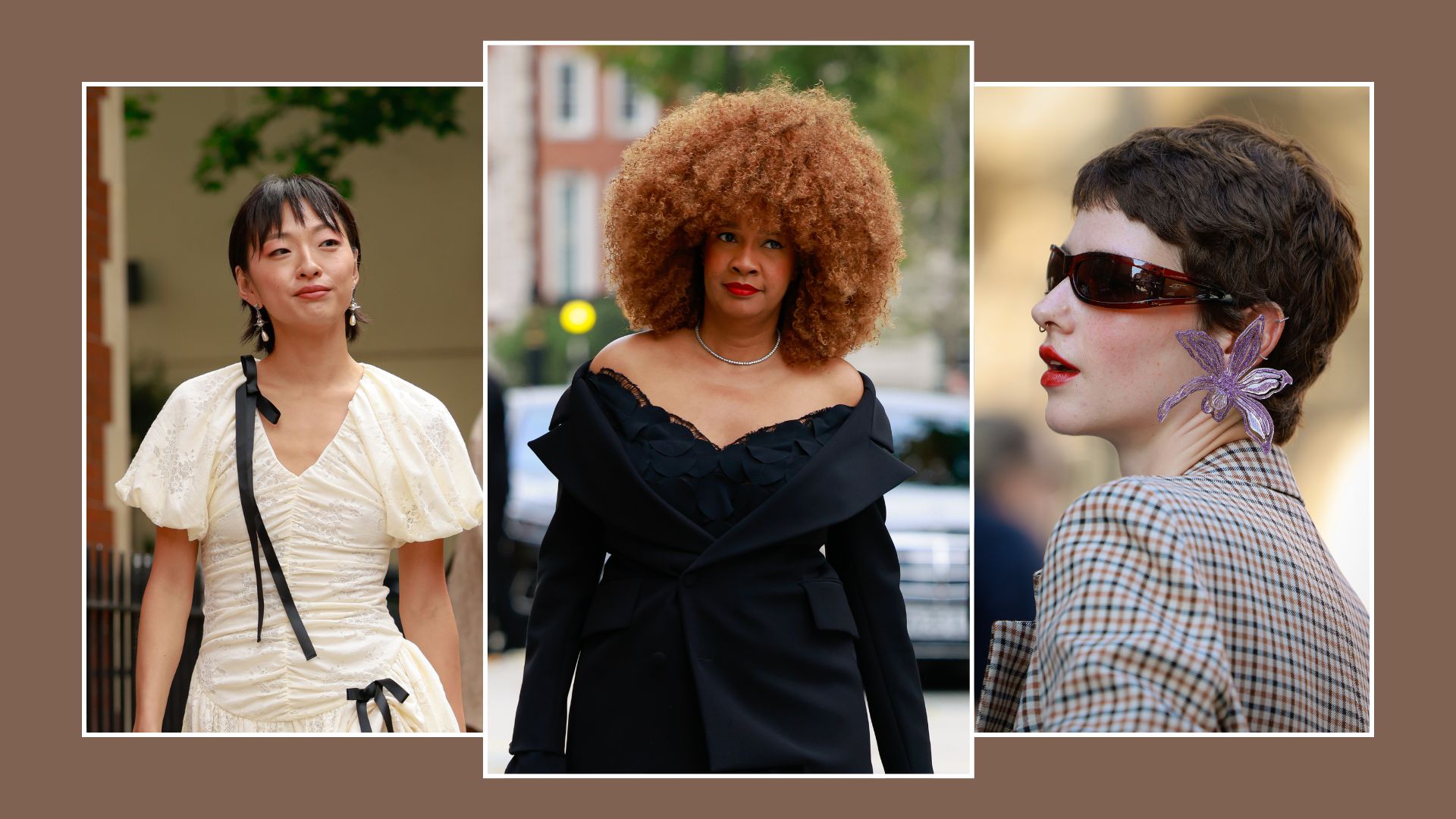 A collage of images from London and New York fashion week 2025 showing three women wearing trending beauty looks