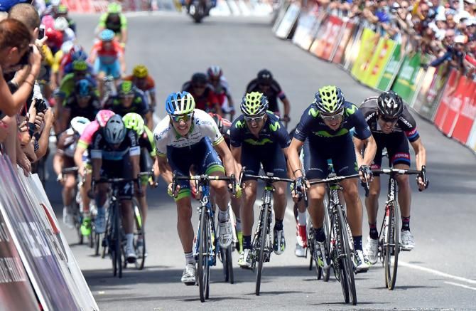 Juan Jose Lobato charges the line next to Daryl Impey during stage 2 of the Tour Down Under.