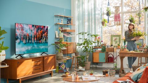 The Samsung TU8000 in a colourful living room surrounded by plants.