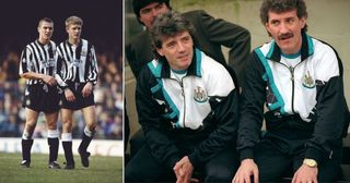 Newcastle players Lee Clark and Lee Makel form a wall during a second division match against Southend United at Roots Hall on January 1, 1992 in Southend, England, Southend beat Newcastle 4-0 in a lunchtime kick off, on new years day. Newcastle United manager Kevin Keegan with his first team coach Terry McDermott during Keegan&#039;s first game as manager against Bristol City at St James&#039; Park, 8th February 1992. Newcastle won the match 3-0