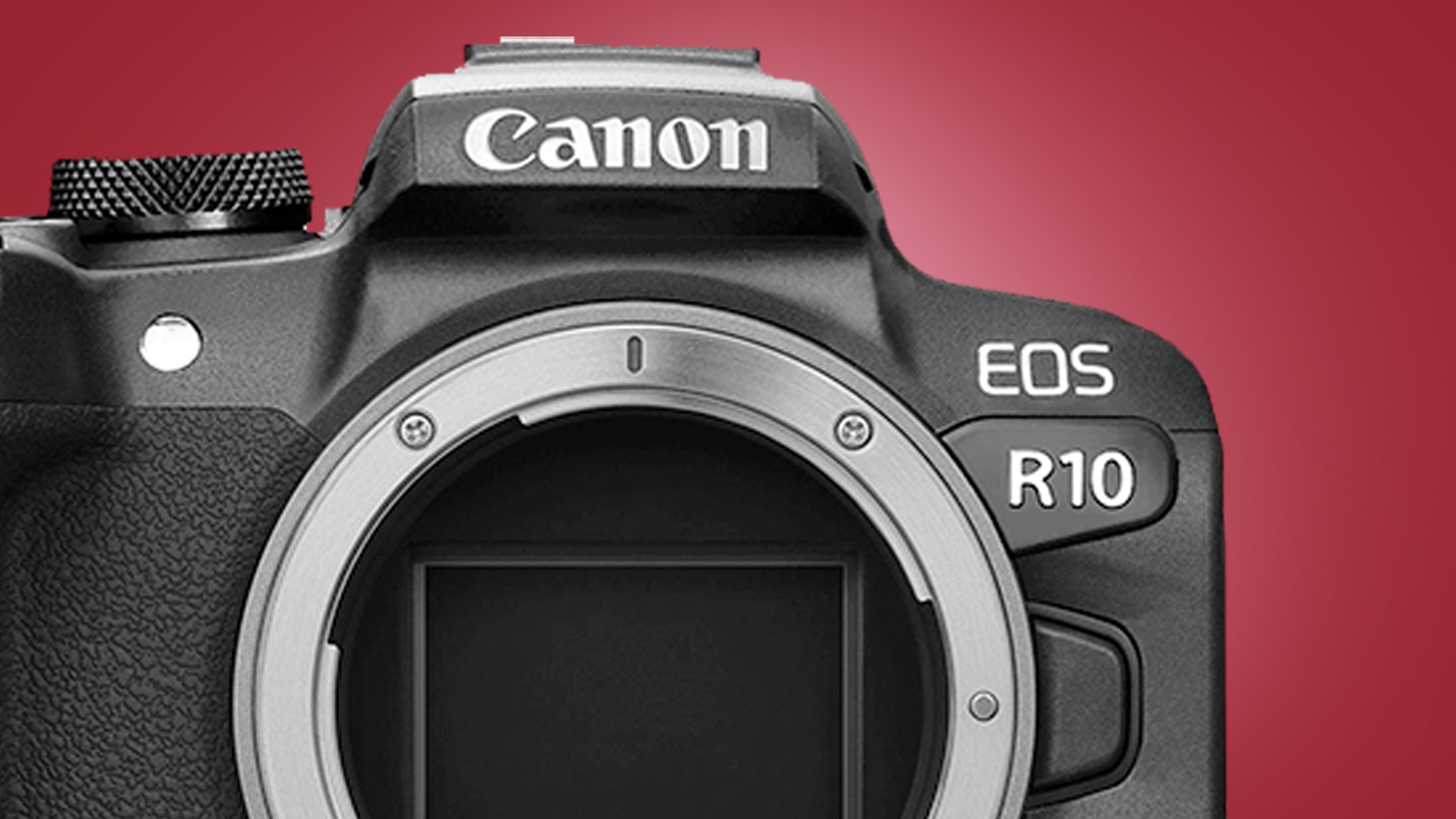 The Canon EOS R10 on a red background
