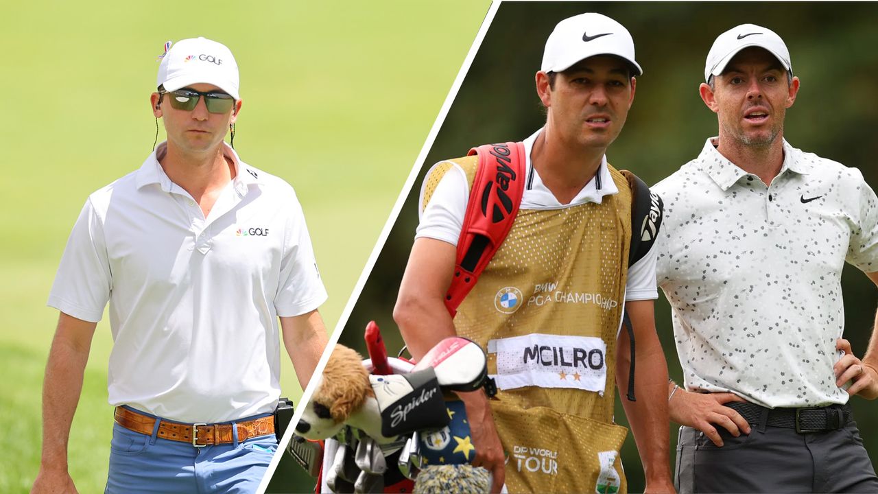 (left) Smylie Kaufman at the Memorial Tournament for NBC Sports and (right) Harry Diamond alongside Rory McIlroy at the BMW PGA Championship at Wentworth