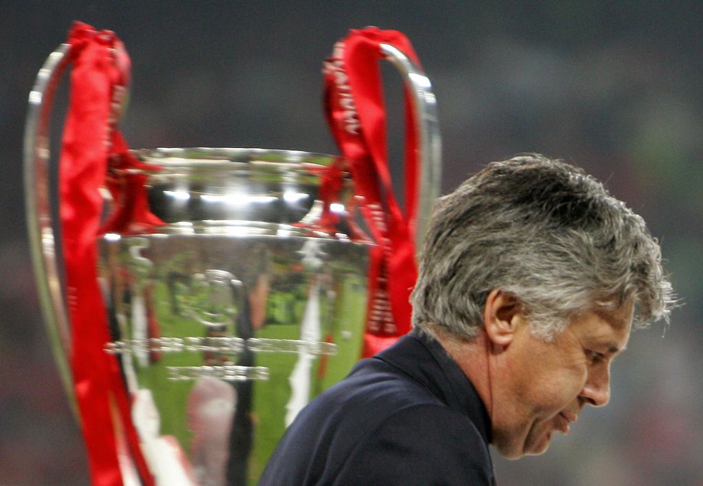 Milan&#039;s coach Carlo Ancelotti walks by the throphy at the end of the UEFA Champions league football final AC Milan vs Liverpool, 25 May 2005 at the Ataturk Stadium in Istanbul. Liverpool won 3-2 on penalties. 