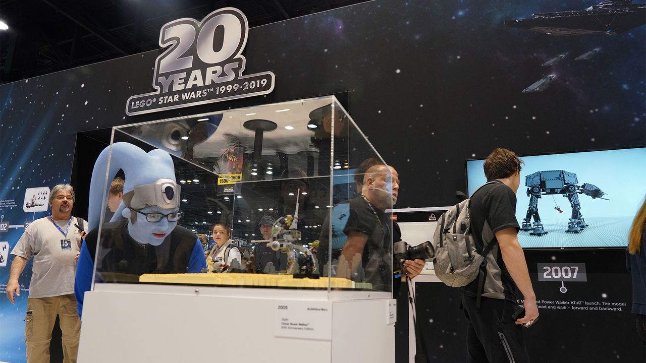 Star Wars fans explore the Lego Star Wars exhibit at Star Wars Celebration in Chicago.