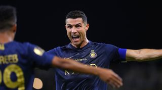 Cristiano Ronaldo celebrates after scoring a goal for Al-Nassr