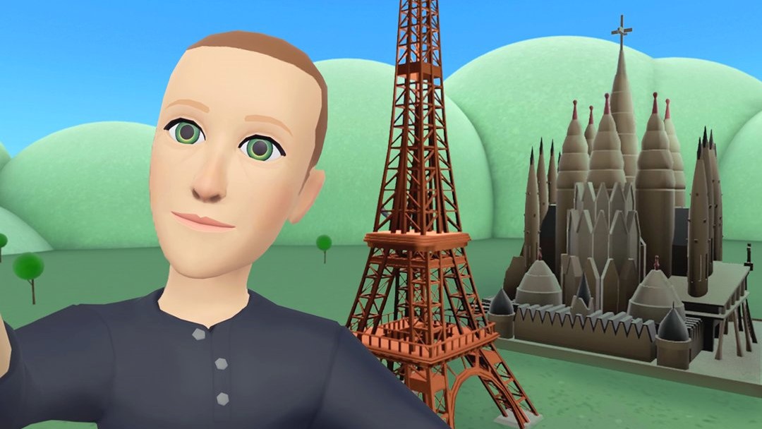 Un simple avatar 3D de Mark Zuckerberg se tient devant une tour Eiffel virtuelle grossière.