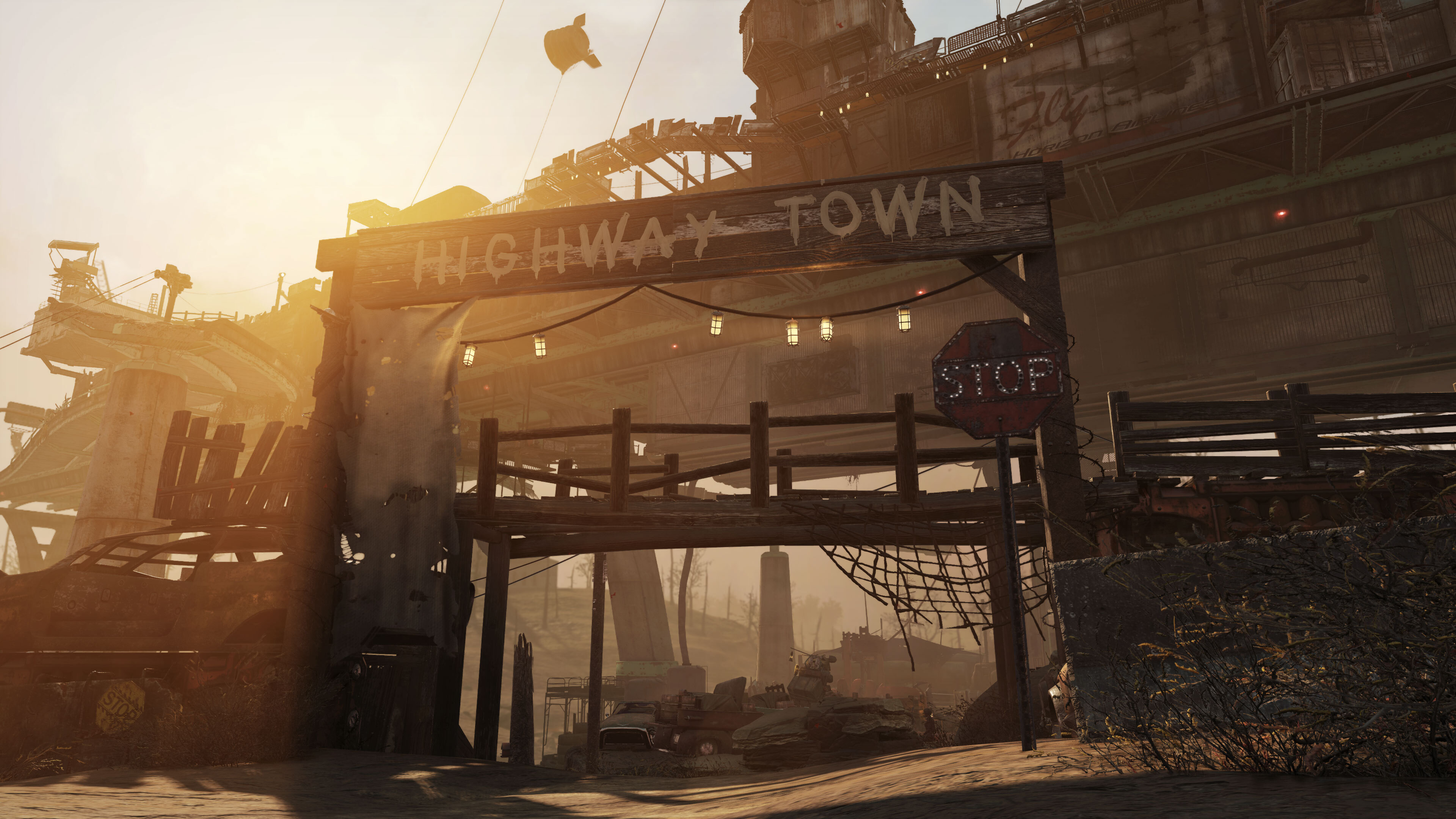 Fallout 76 Burning Springs expansion with a sign for Highway Town