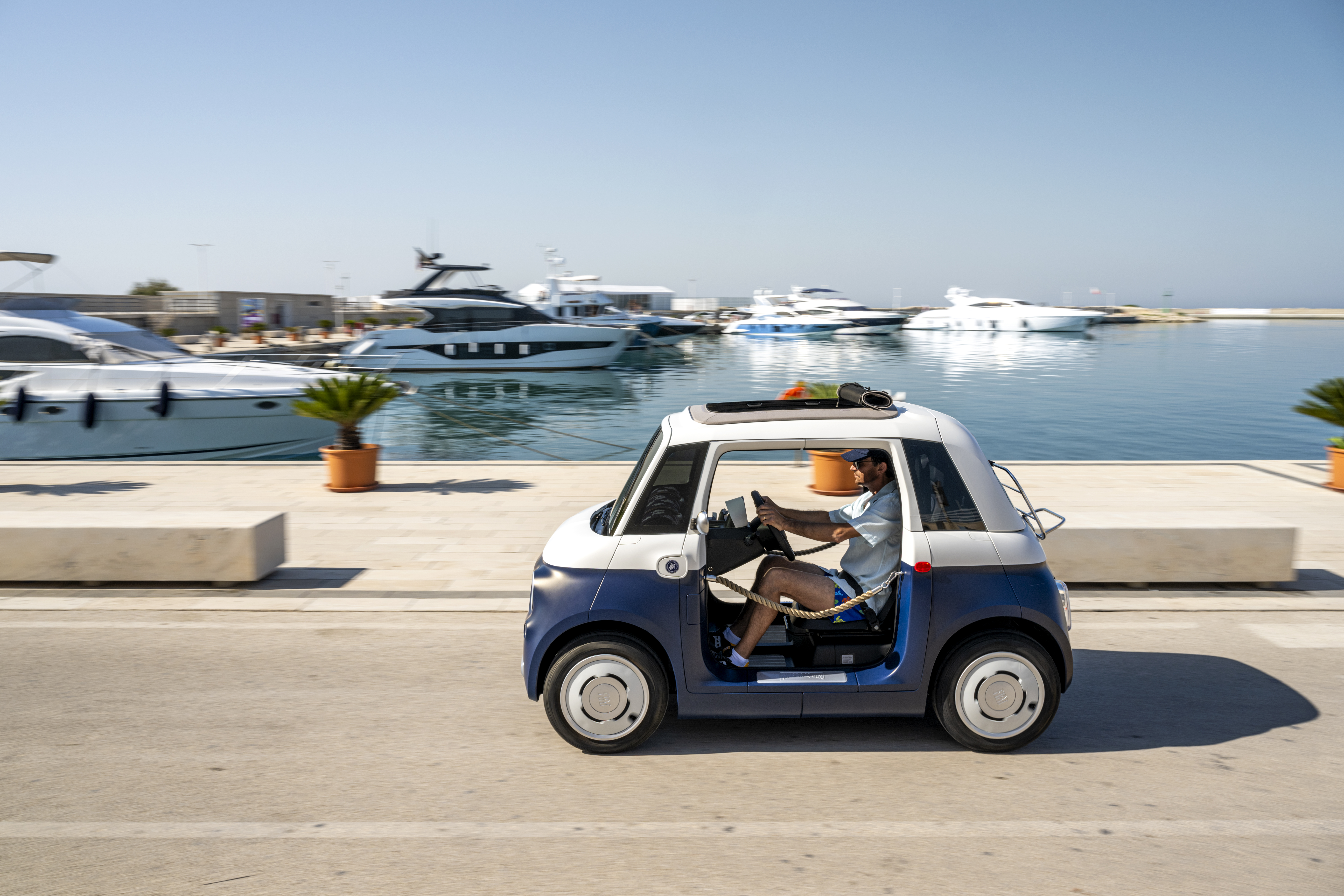 Tiny navy and white car