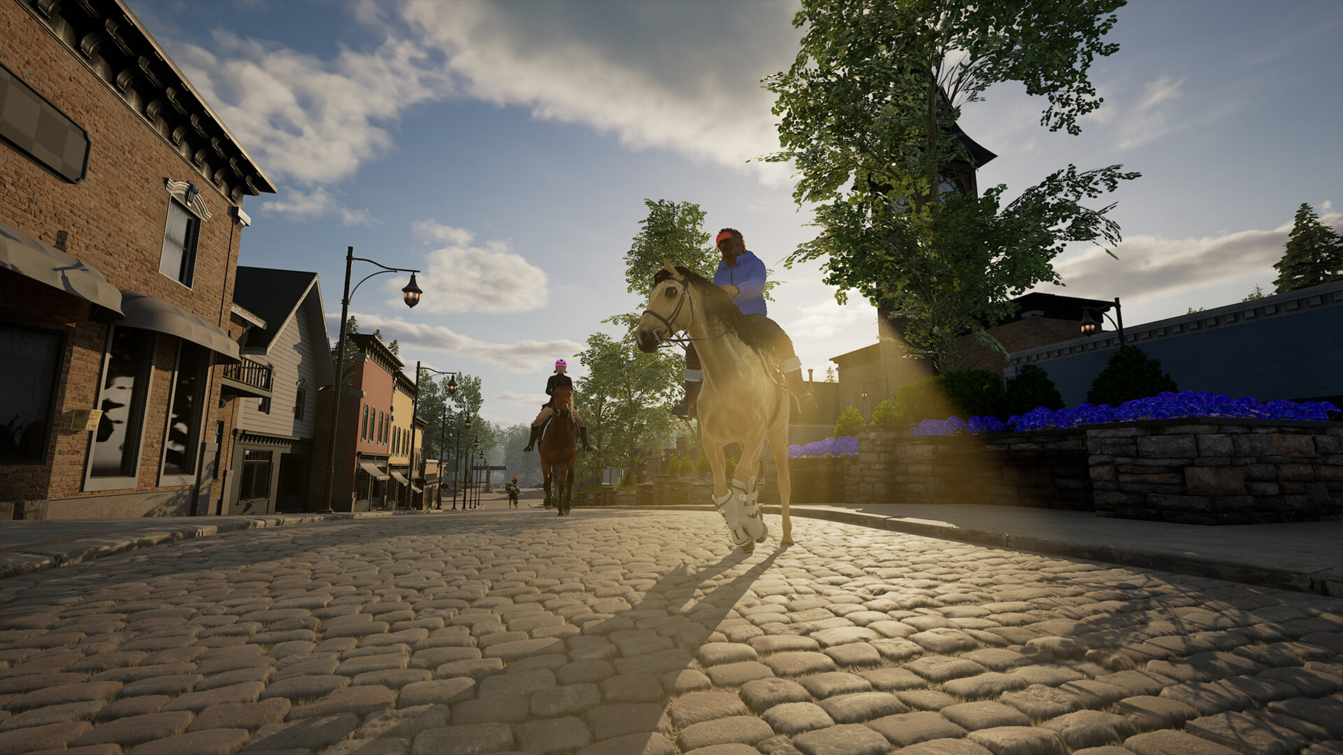 Two horse riders trot their way through a cosy street in Equinox: Homecoming.