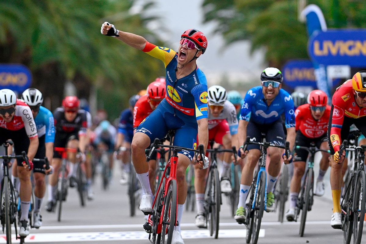 SAN BENEDETTO DEL TRONTO ITALY MARCH 10 Jonathan Milan of Italy and Team LidlTrek celebrates at finish line as stage winner during the 59th TirrenoAdriatico 2024 Stage 7 a 154km stage from San Benedetto del Tronto to San Benedetto del Tronto UCIWT on March 10 2024 in San Benedetto del Tronto Italy Photo by Tim de WaeleGetty Images
