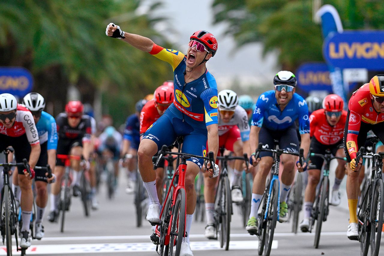 SAN BENEDETTO DEL TRONTO ITALY MARCH 10 Jonathan Milan of Italy and Team LidlTrek celebrates at finish line as stage winner during the 59th TirrenoAdriatico 2024 Stage 7 a 154km stage from San Benedetto del Tronto to San Benedetto del Tronto UCIWT on March 10 2024 in San Benedetto del Tronto Italy Photo by Tim de WaeleGetty Images
