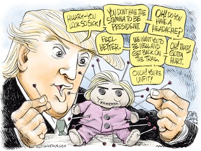 Political cartoon U.S. election 2016 Donald Trump Hillary Clinton Voodoo Doll