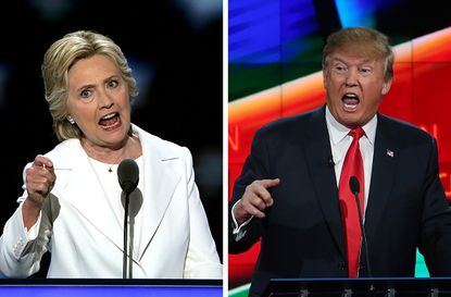 Clinton speaks at her convention, Trump at a primary debate. 