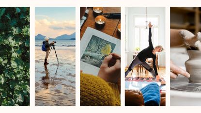 Comp image of various hobbies including pottery, yoga and photography - used to illustrate a woman&home article on how to find a hobby 