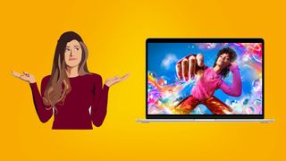 woman shrugging next to 15 inch macbook air
