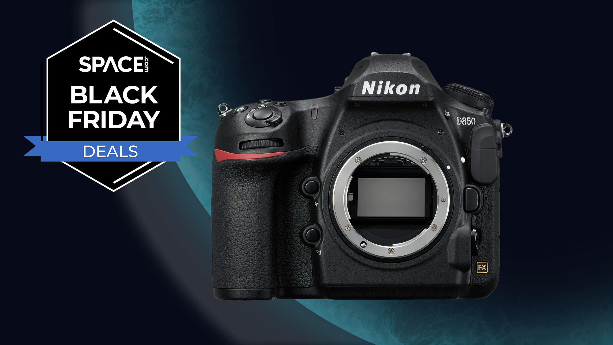 The Nikon D850 on a blue planet background with a black Space.com Black Friday deals badge in the upper left corner. 