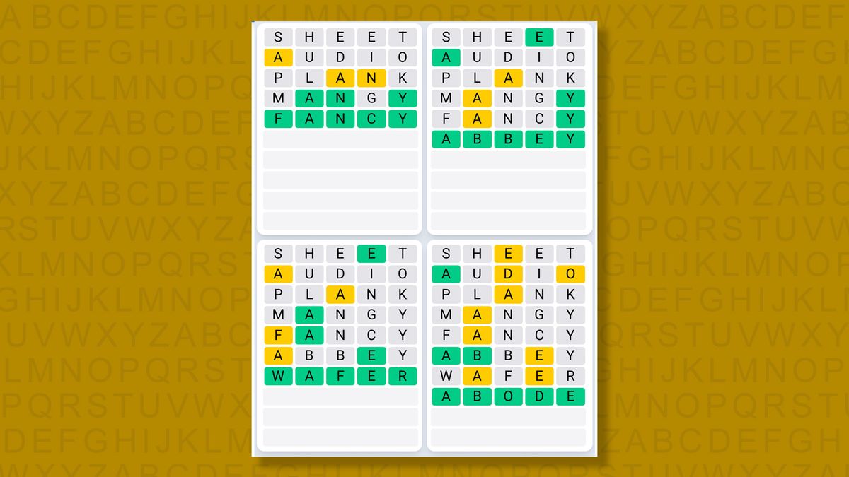 Quordle Daily Sequence answers for game 1478 on a yellow background