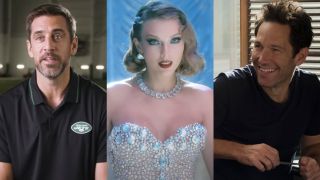 From left to right: Aaron Rodgers in New York Jets polo, Taylor Swift in the Bejeweled music video and Paul Rudd in Ant-Man and the Wasp.