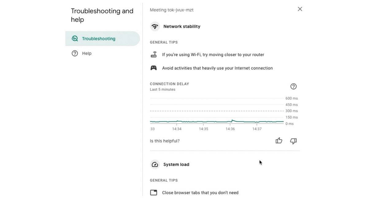 Google Meet network stability screen