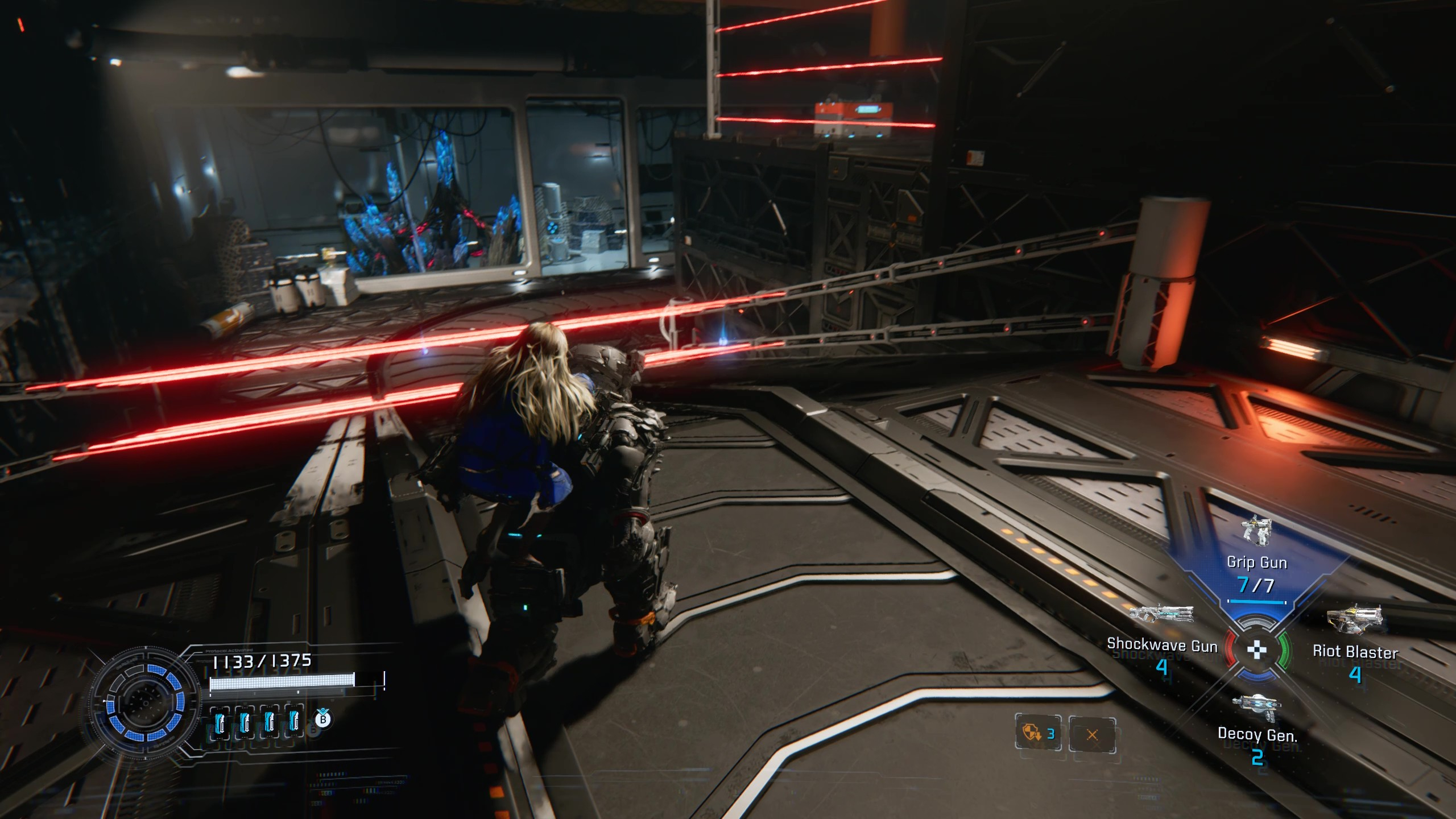 Pragmata blue crystals: A player dodging lasers on a ramp, trying to reach a lab.