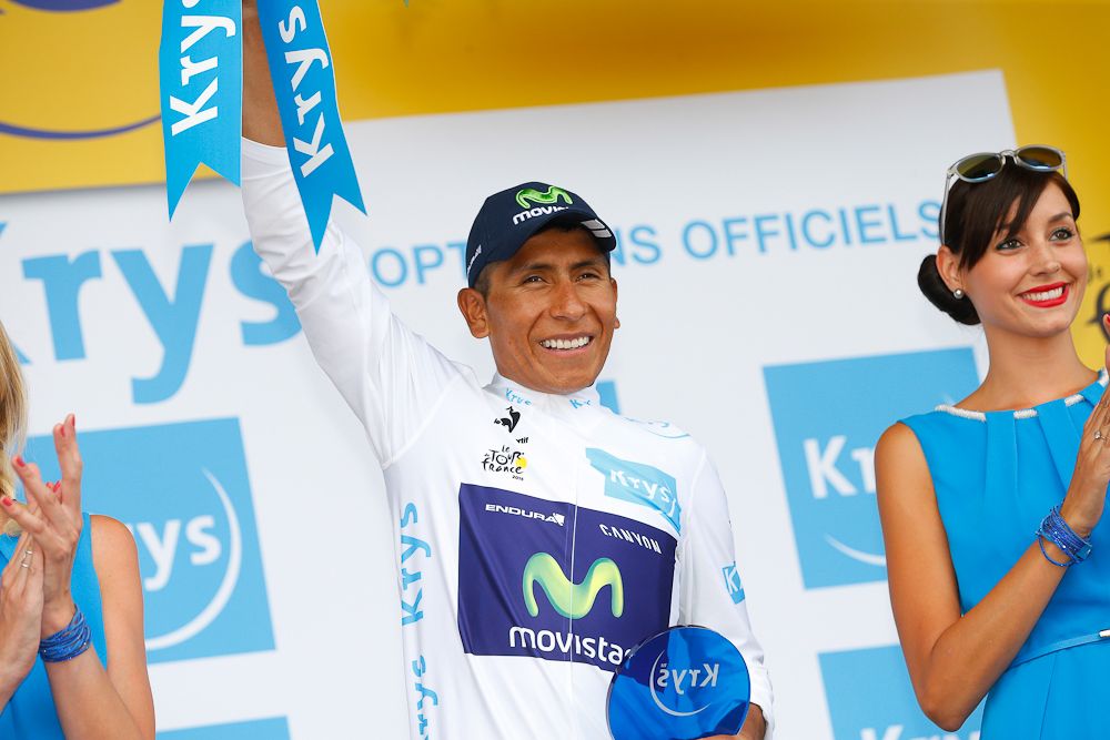 Nairo Quintana in the white jersey of the Tour's best young rider.