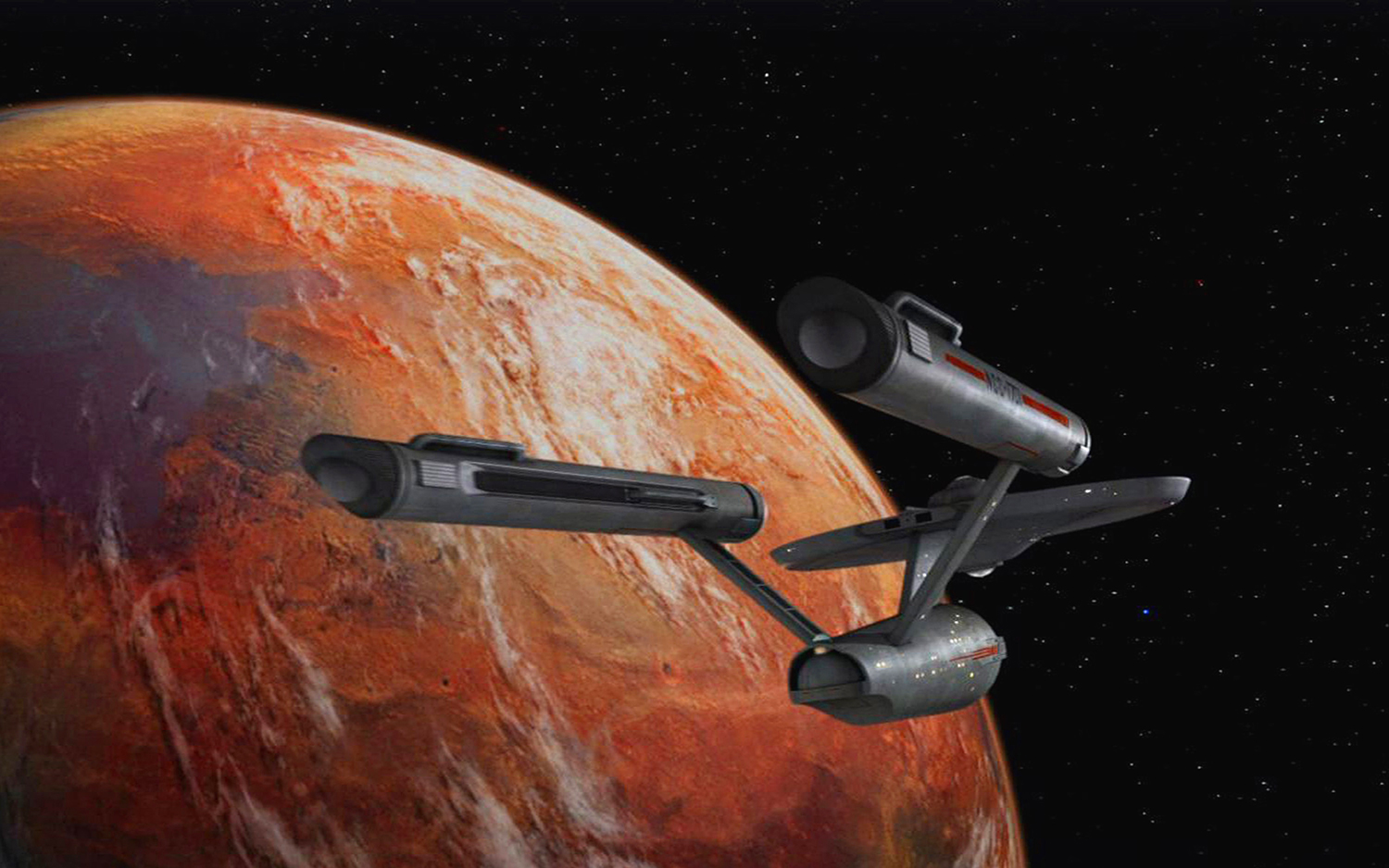 illustration of a starship cruising past an orange planet.