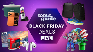 a purple background image with the north face apparel, nintendo accessories, apple airpods pro 3, tcl tv, crockpot, iphone 17 pro, magic bullet, and a black friday tom's guide badge