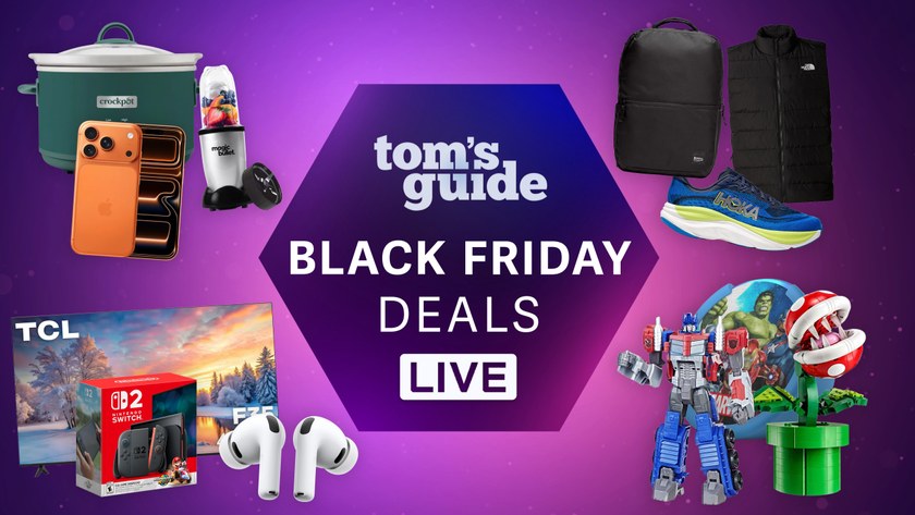 a purple background image with the north face apparel, nintendo accessories, apple airpods pro 3, tcl tv, crockpot, iphone 17 pro, magic bullet, and a black friday tom&#039;s guide badge