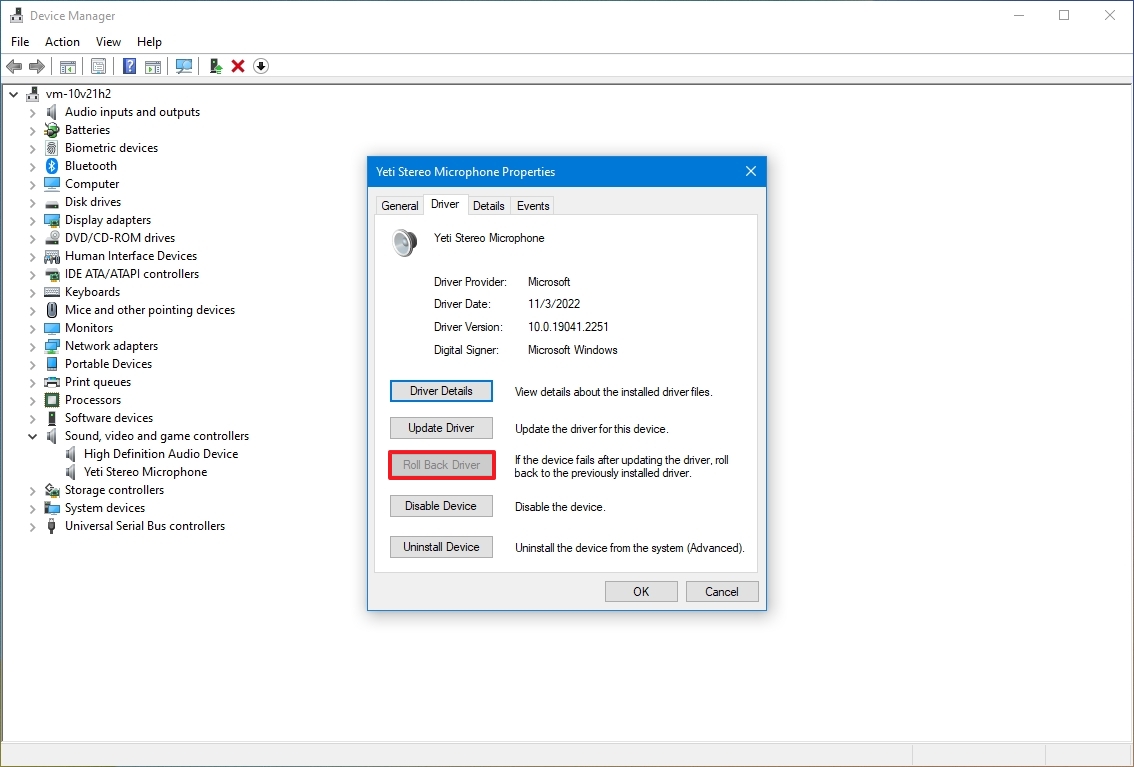 Rollback microphone backup driver