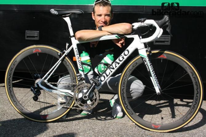 Thomas Voeckler (Europcar) came out to pose with the new frame, which he&rsquo;ll start riding after the Tour