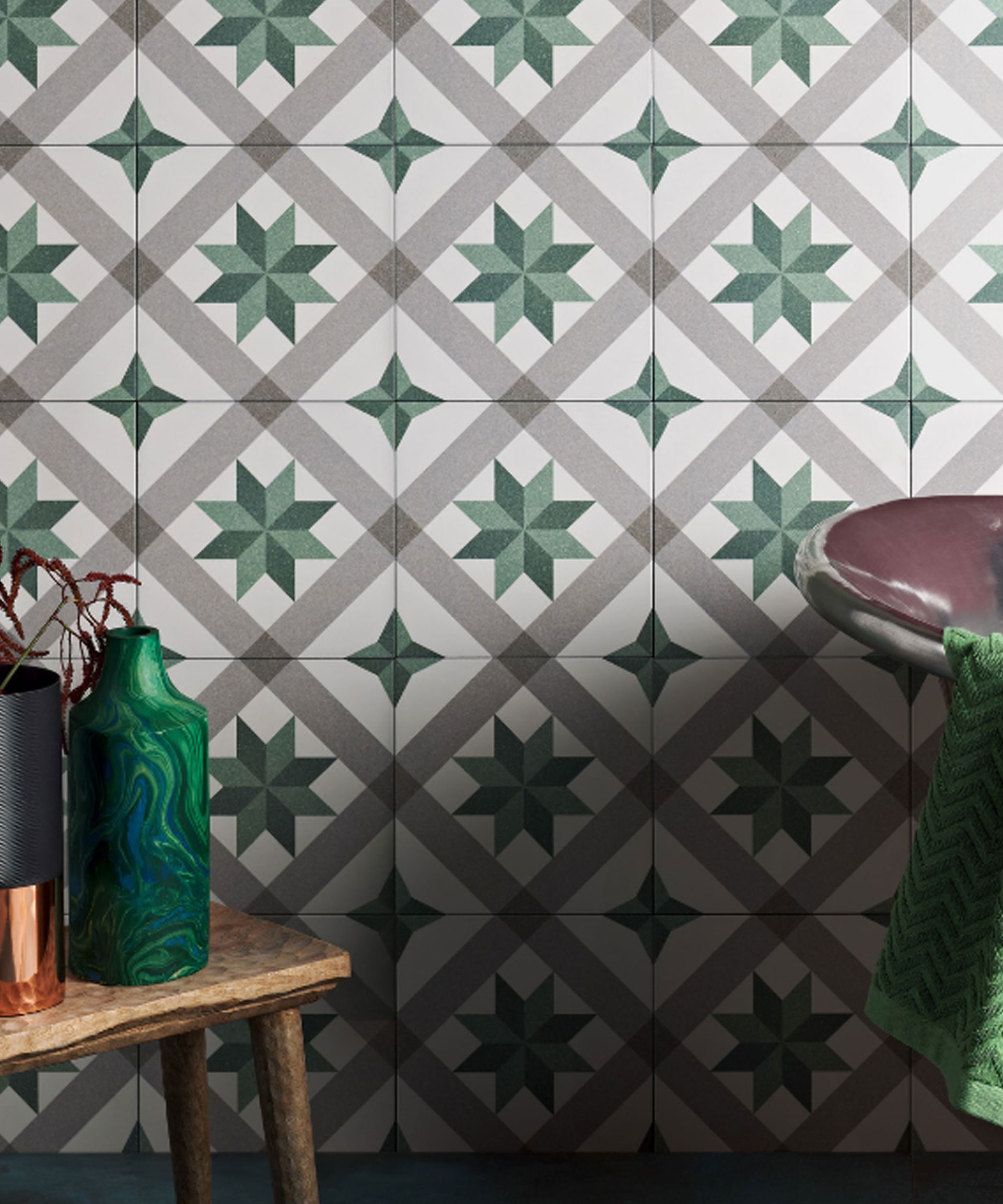 Close up of Moroccan Impressions Porcelain Joya Green tiles on wall