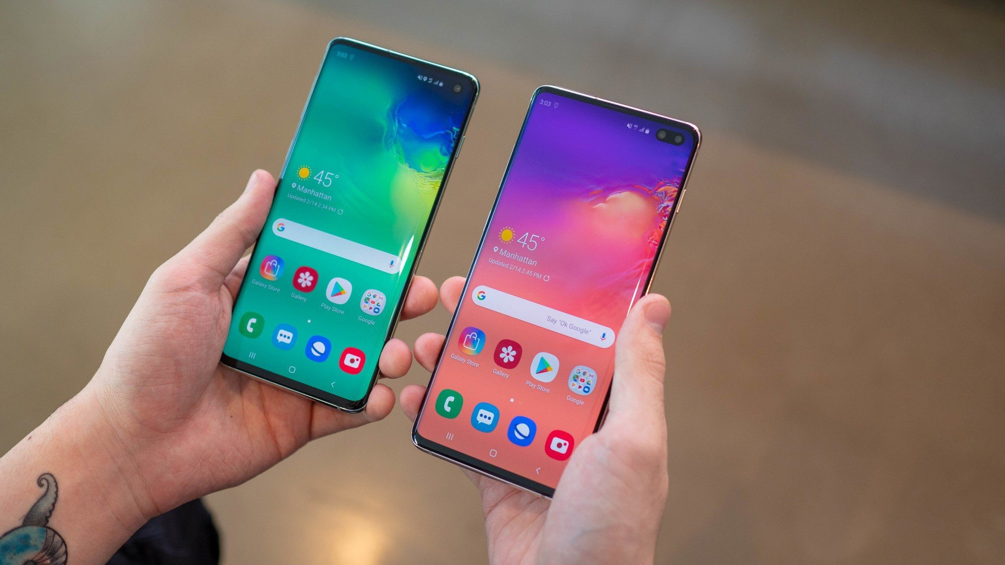The Samsung Galaxy S10 next to the Galaxy S10 Plus