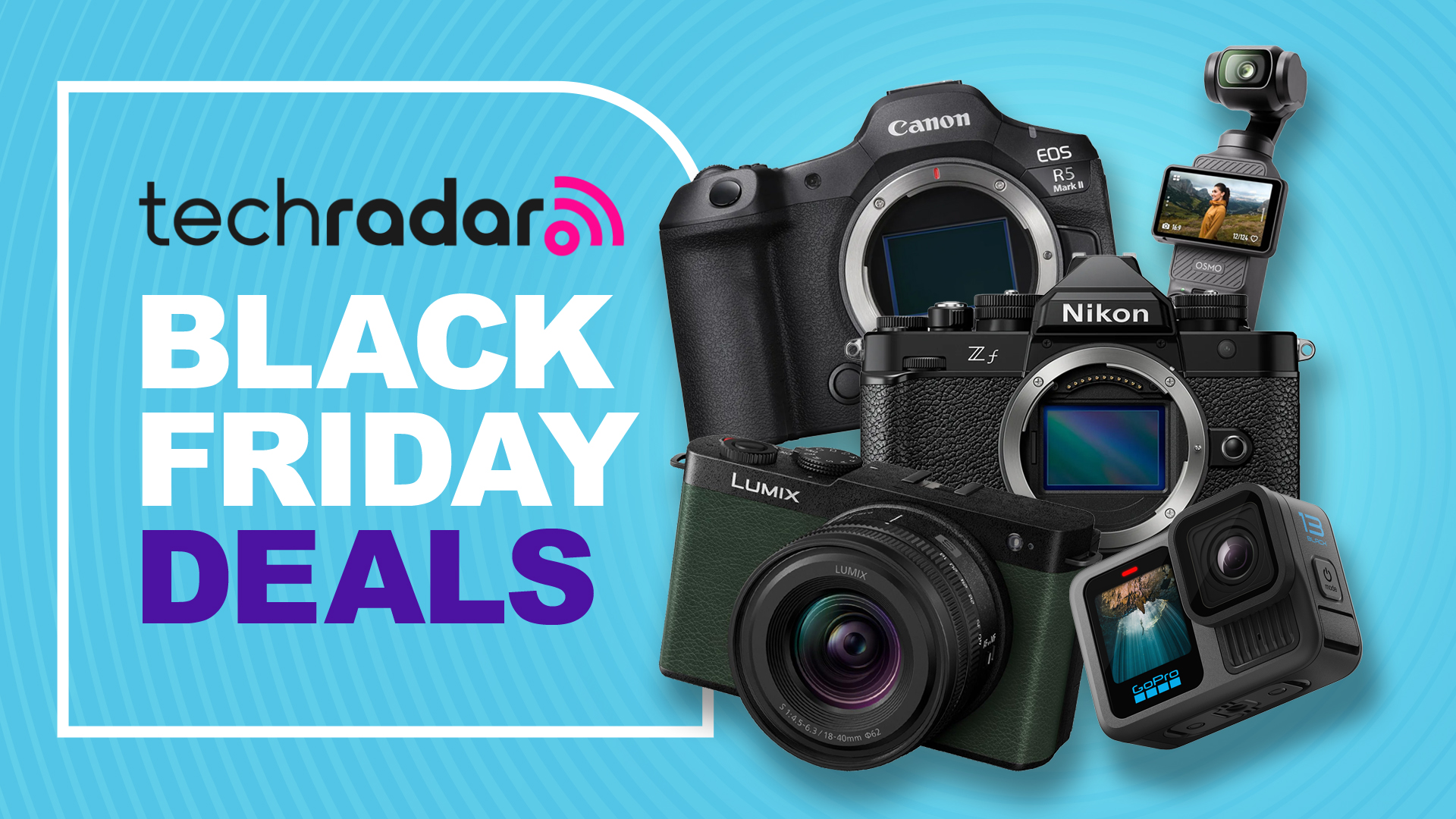 Canon, Nikon, DJI, Panasonic, GoPro cameras on a blue background with Black Friday deals text overlay