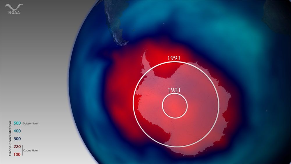 map showing ozone hole over the south pole