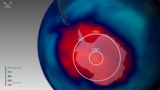 map showing ozone hole over the south pole